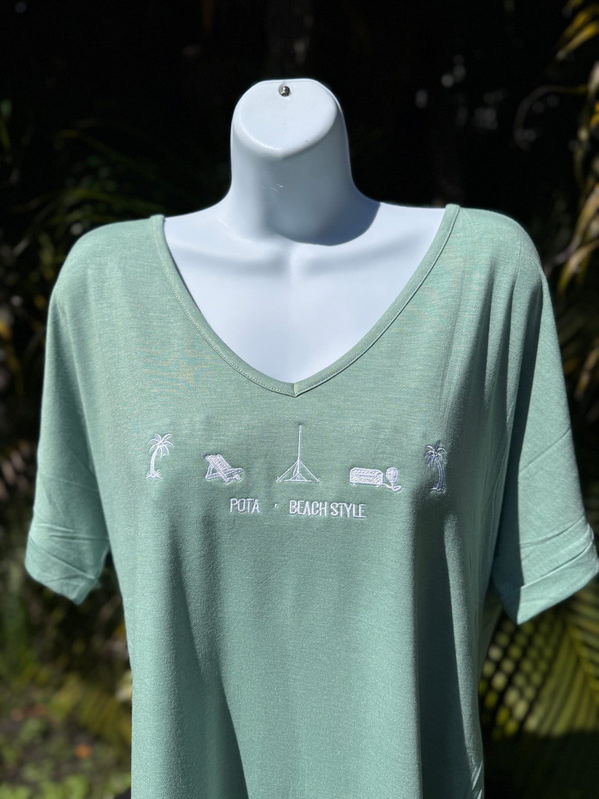 POTA Style – Beach Embroidered V-Neck T-Shirt