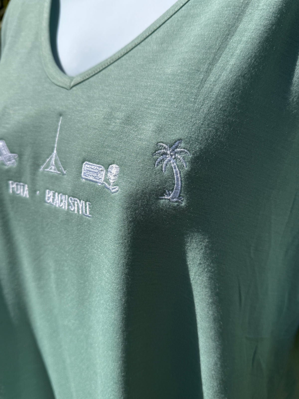 POTA Style – Beach Embroidered V-Neck T-Shirt